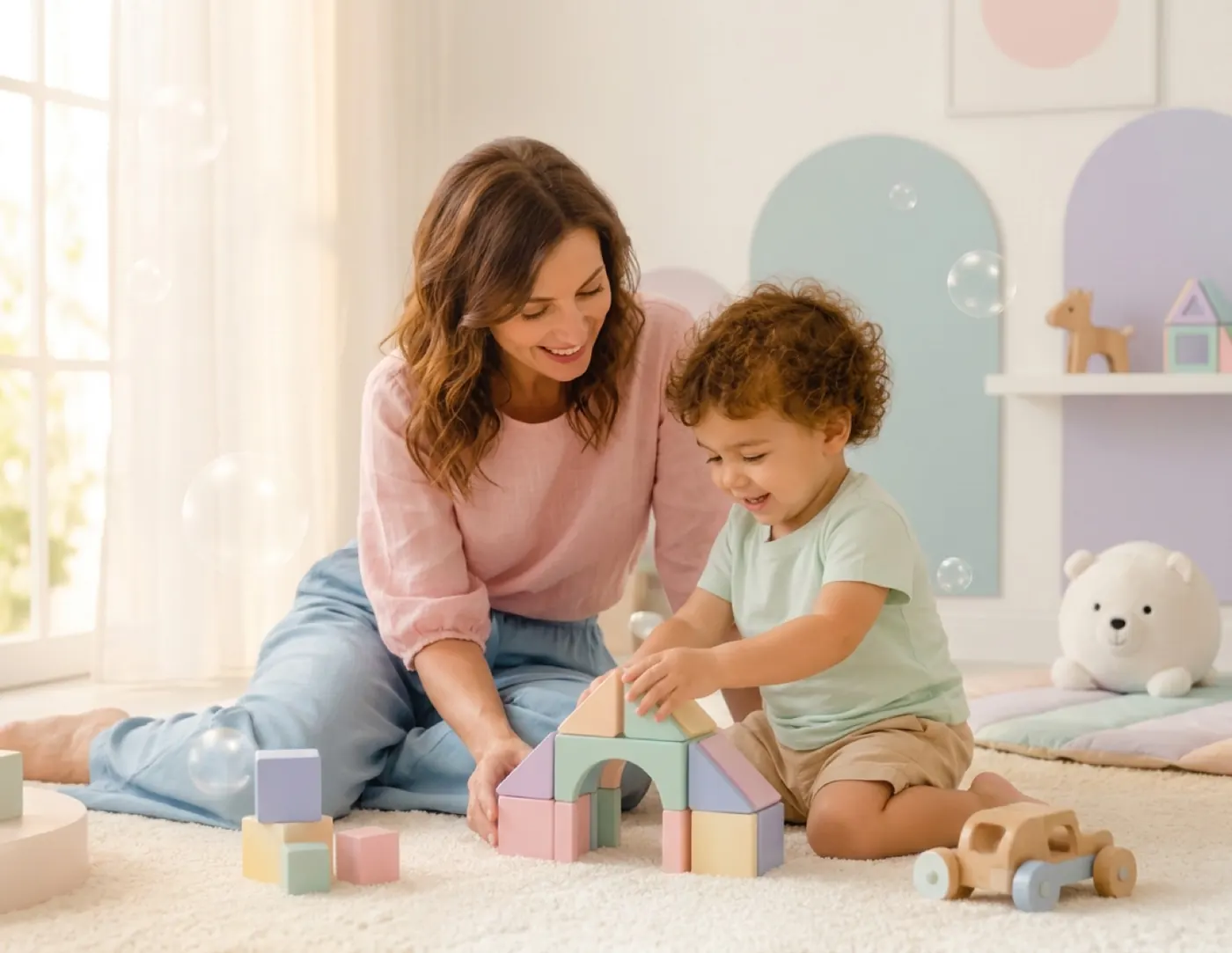 A mother building blocks with her little boy